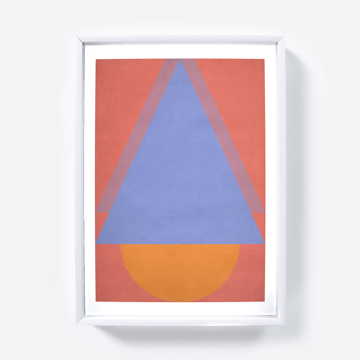 Framed abstract art print with geometric shapes on a red background