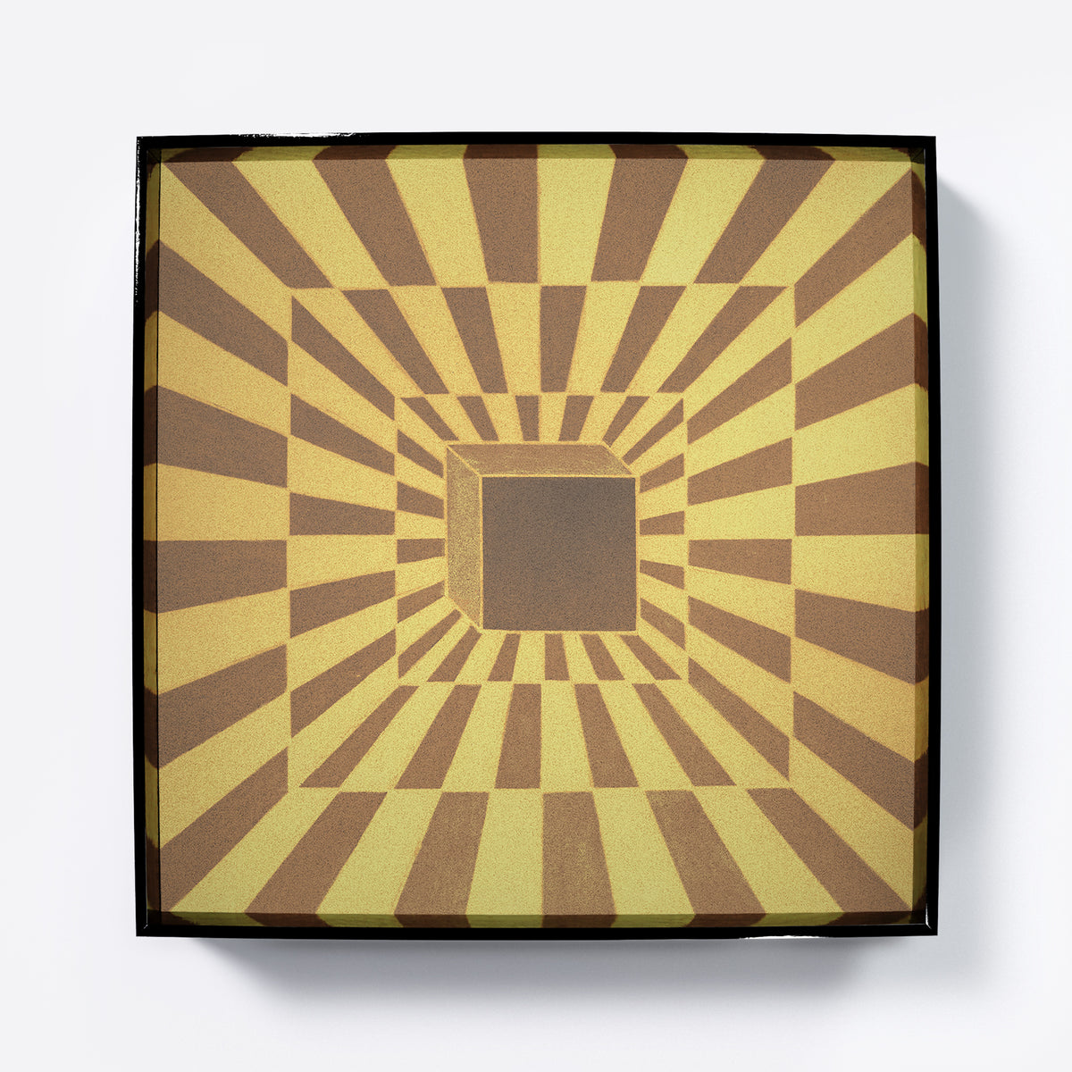 Op art print design with brown and yellow stripes on a white background.
