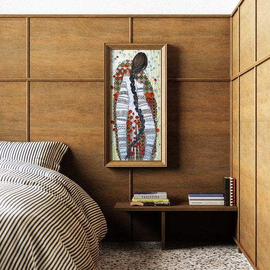 Bedroom with wooden paneling, a bed with striped bedding, and a wall art piece.