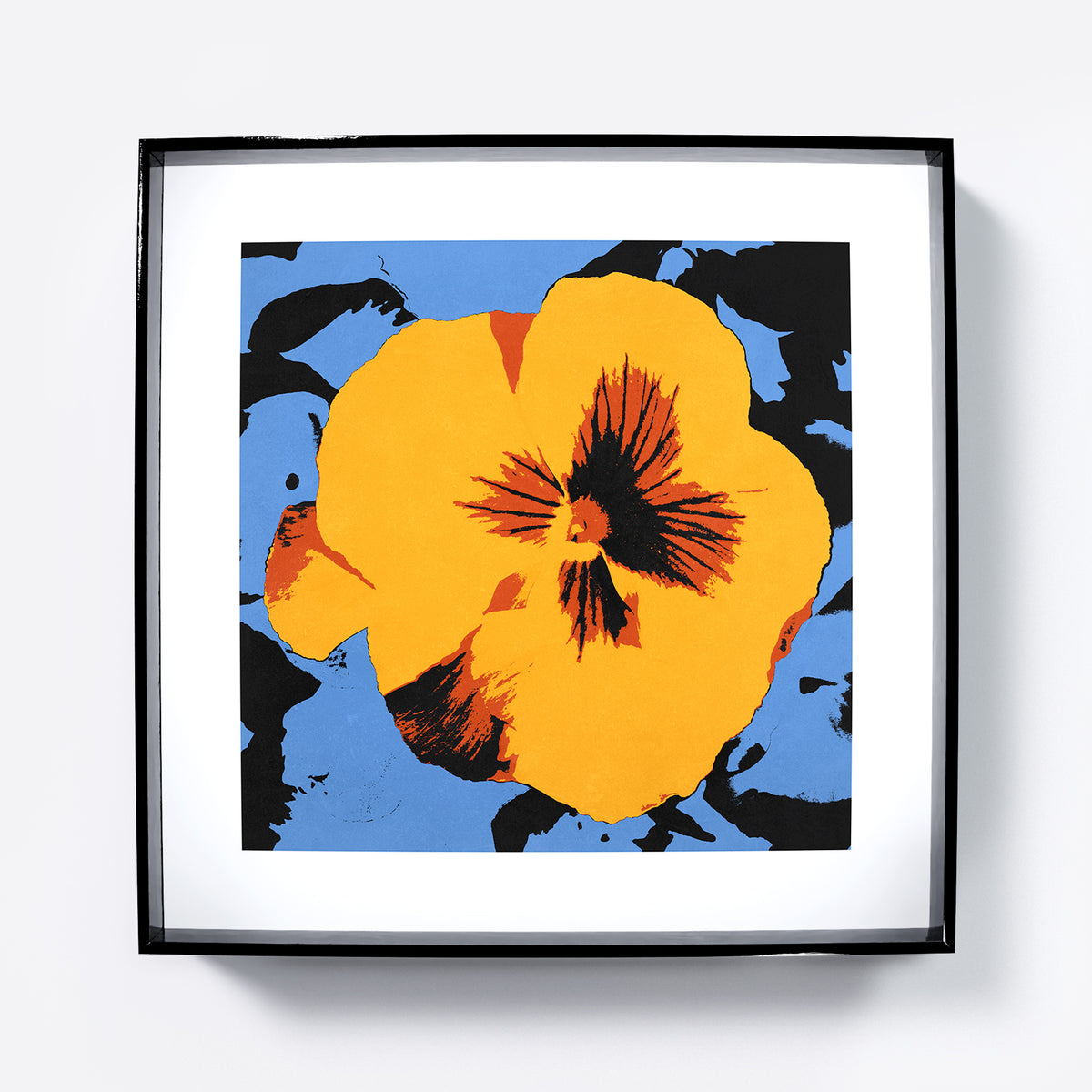 Pop art vivid print with an intense yellow flower on a blue background.