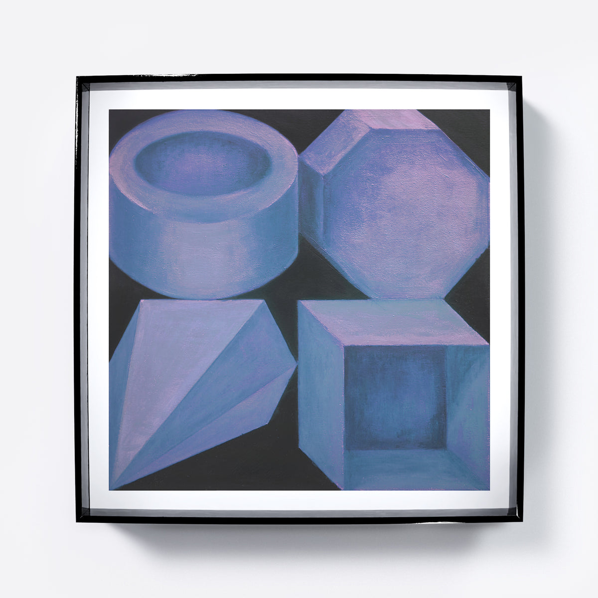 Blue geometric shapes on a black background art print.