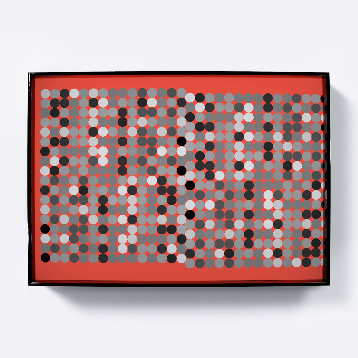 Black and white dots on a red background, contemporary graphic art print.