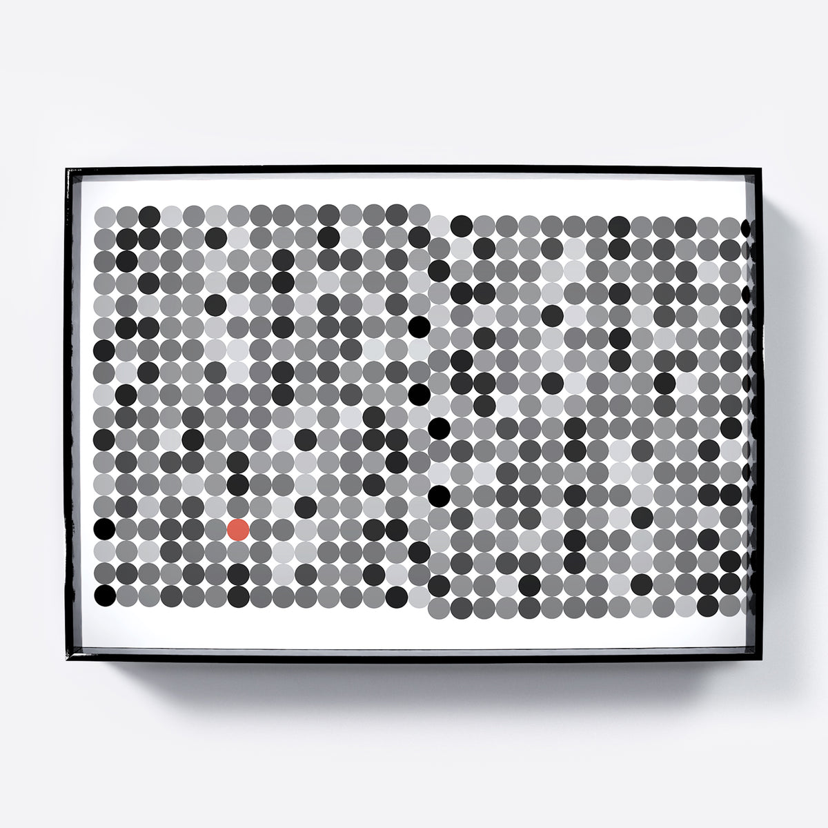 Black and grey dots on a white background, contemporary graphic art print.