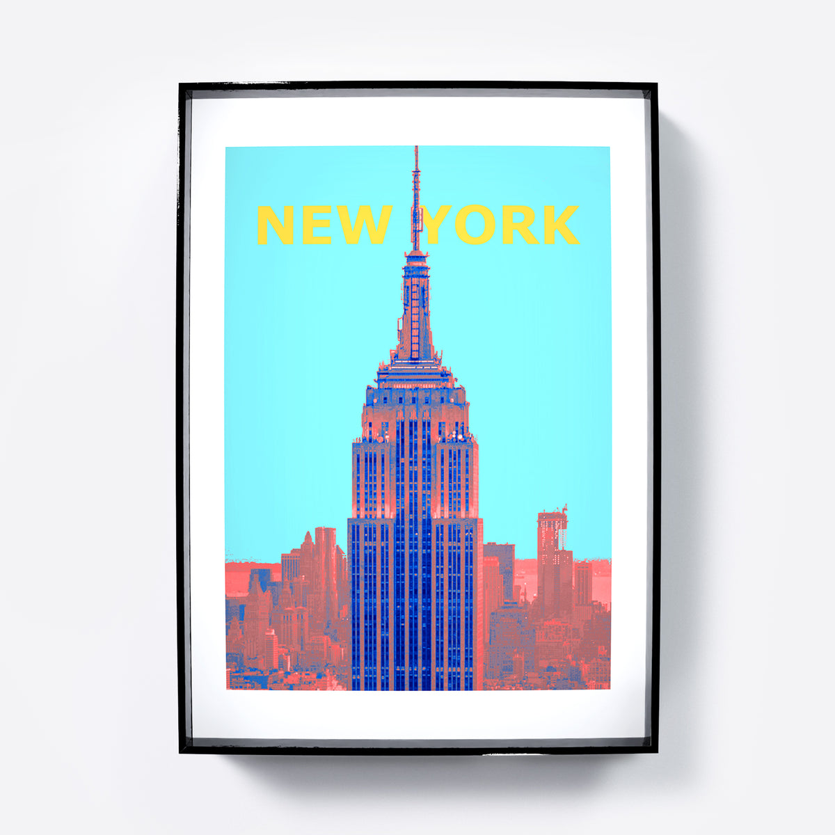 Framed poster of the Empire State Building with 'New York' text on a light blue background