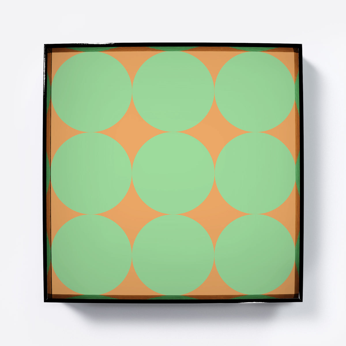 Green dots on a orange background, minimalist graphic art print.