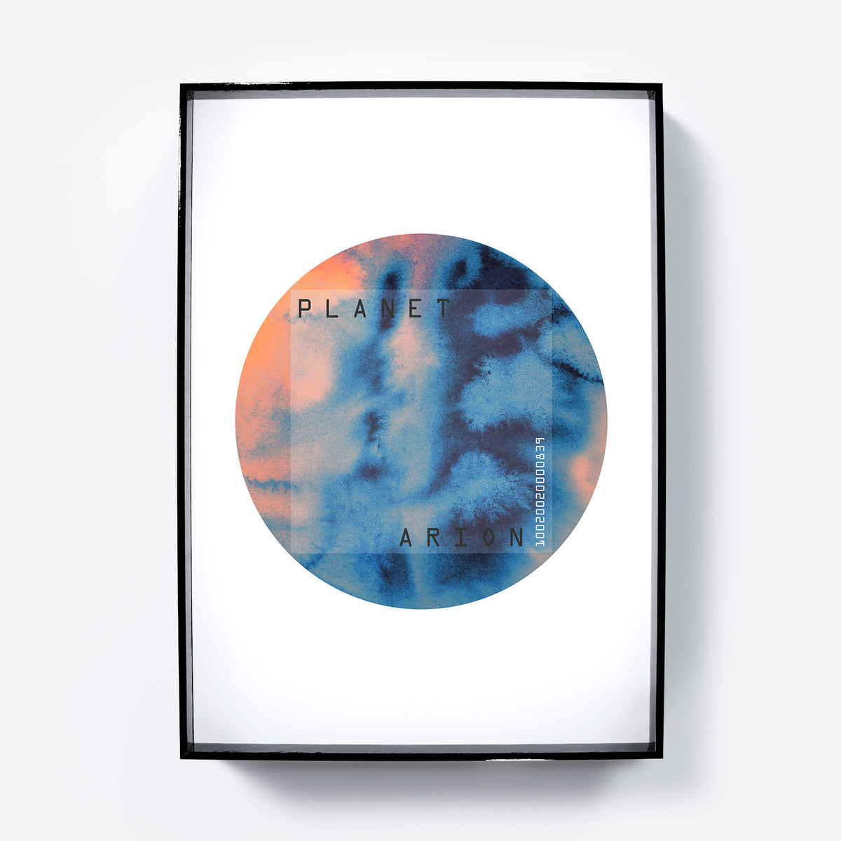 Blue and orange planet, minimalist watercolor graphic art print.