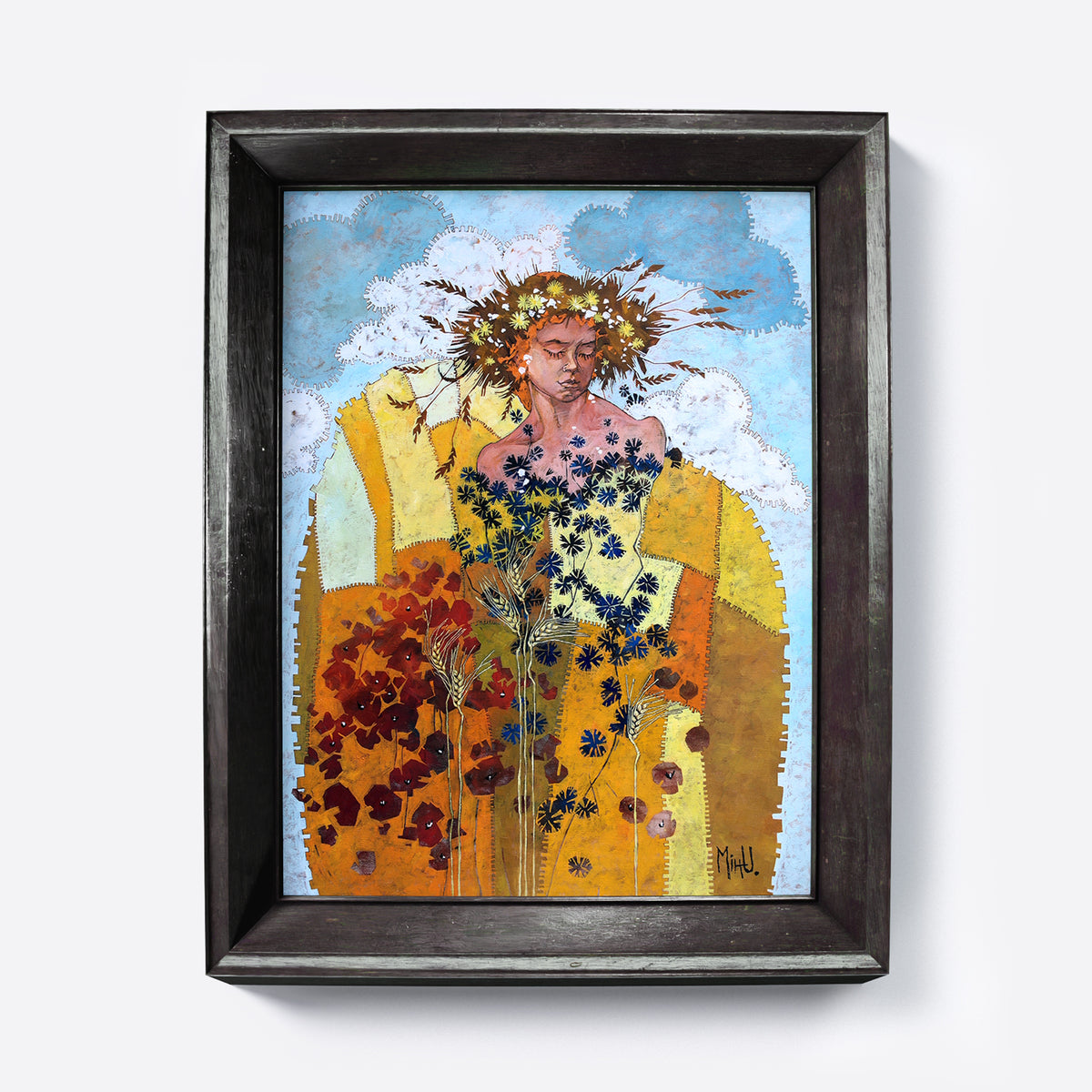 Framed artwork of a person in a yellow garment with floral elements against a blue sky.