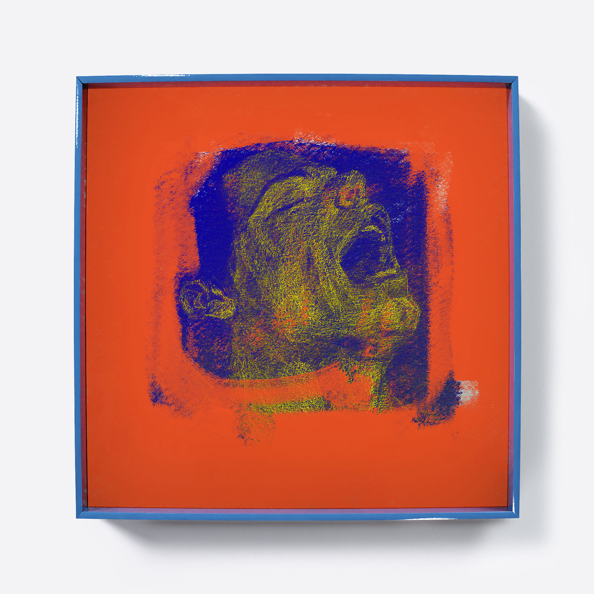 Framed contemporary art print of a male portrait covered by red paint