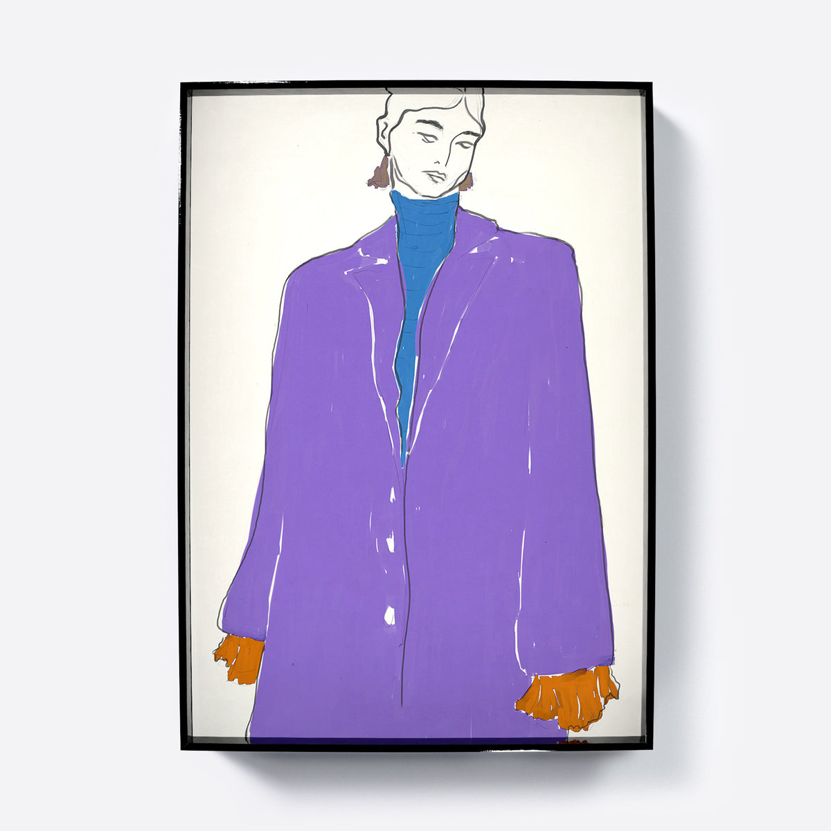 Framed fashion illustration print of a woman wearing a violet coat above a blue sweater on neutral background.