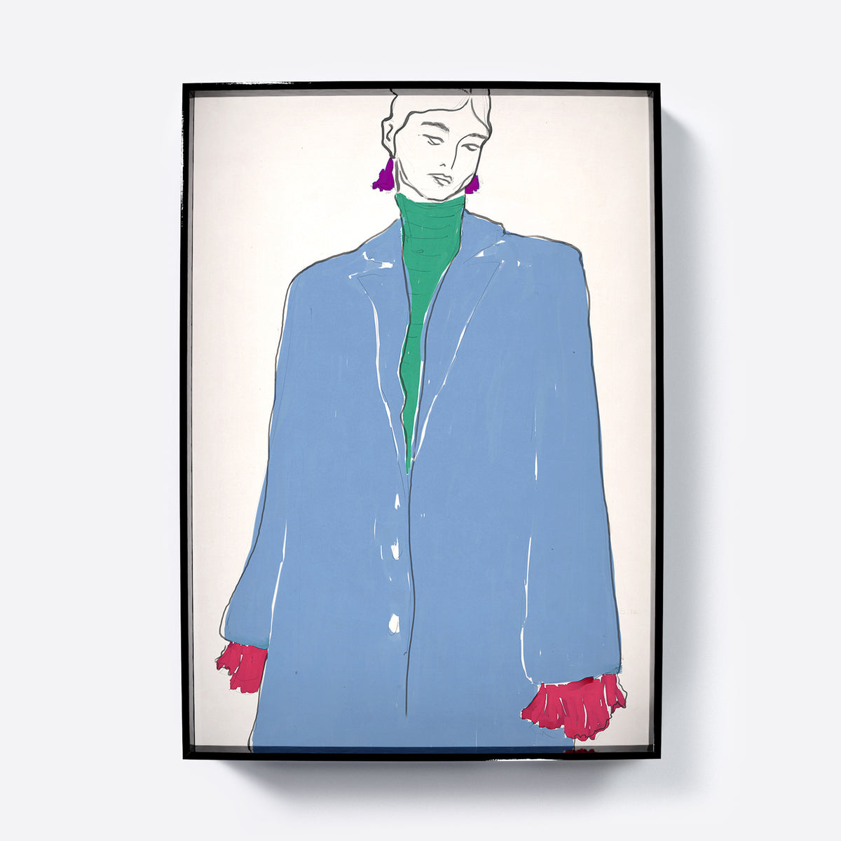 Framed fashion illustration print of a woman wearing a blue coat over green sweater on neutral background.