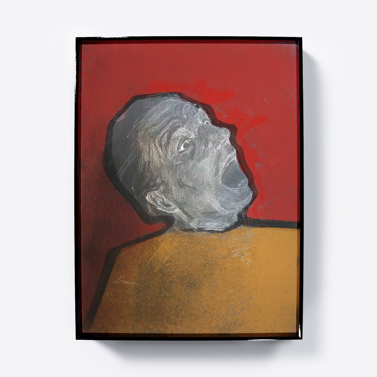 A framed portrait art print of a screaming figure with a gray face and yellow shirt against a red background, shown hanging on a light gray wall.