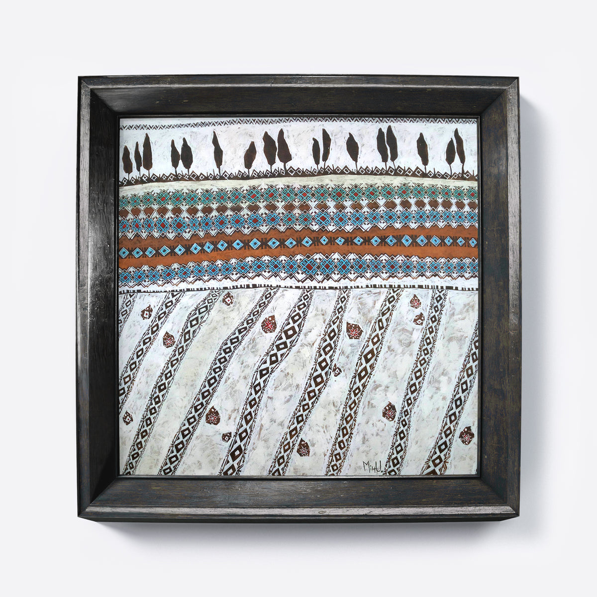 Framed artwork with a stylized landscape with patterned design on a white background.