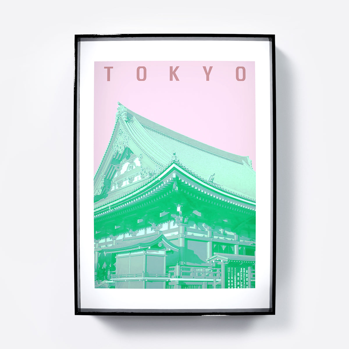 Travel poster Tokyo landmark, green and pink art print.