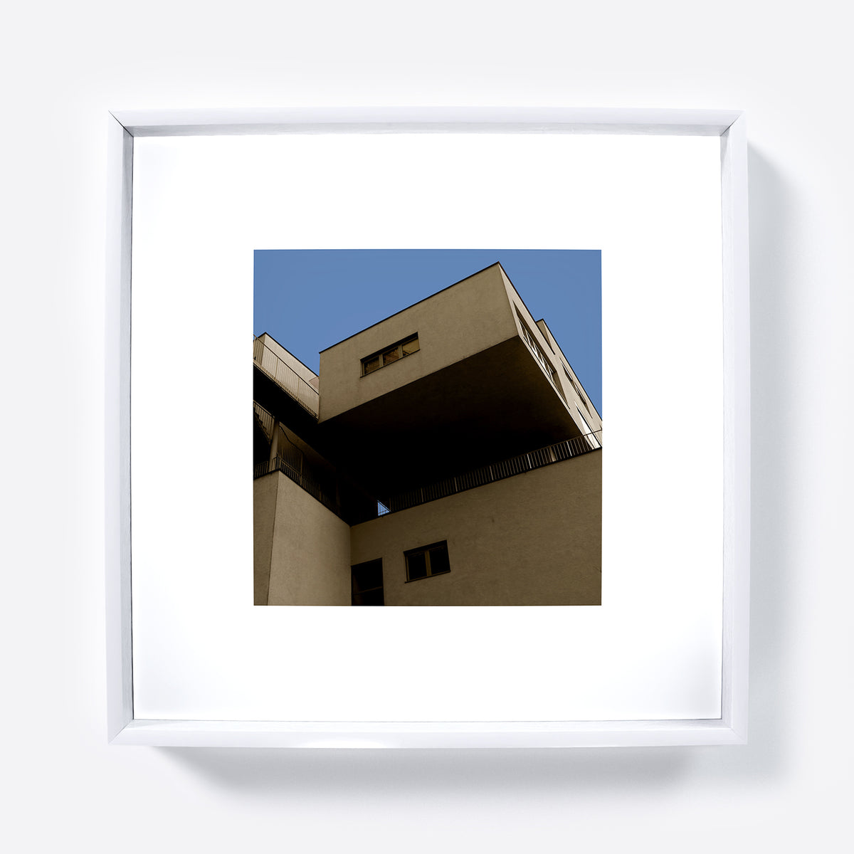Brutalist, modern architectural corner in Vienna, urban photography art print.