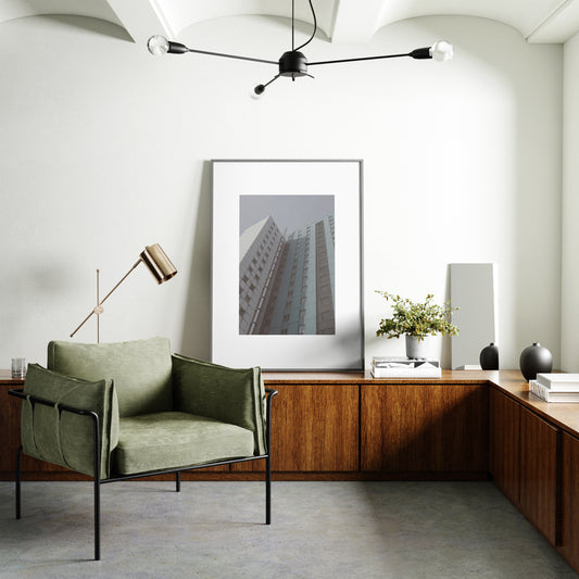 Pale colors urban photography art print in a Scandinavian interior.