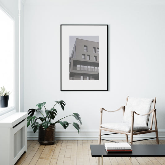 Contemporary architecture, monochrome urban photography art print in a bright minimalist interior.