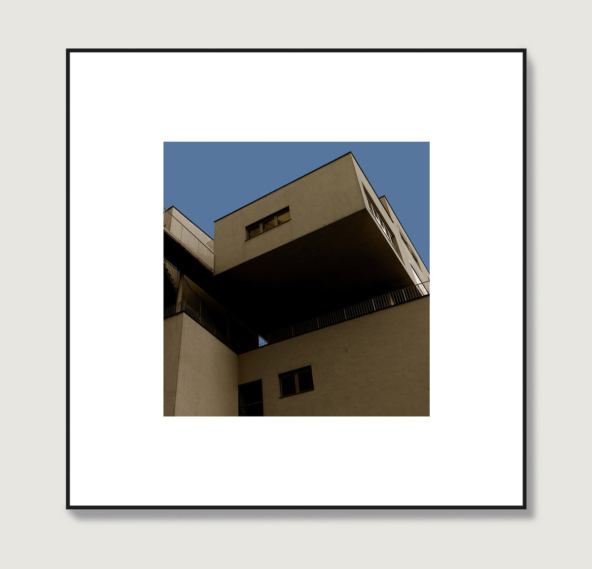 Brutalist, modern architectural corner in Vienna, urban photography art print.