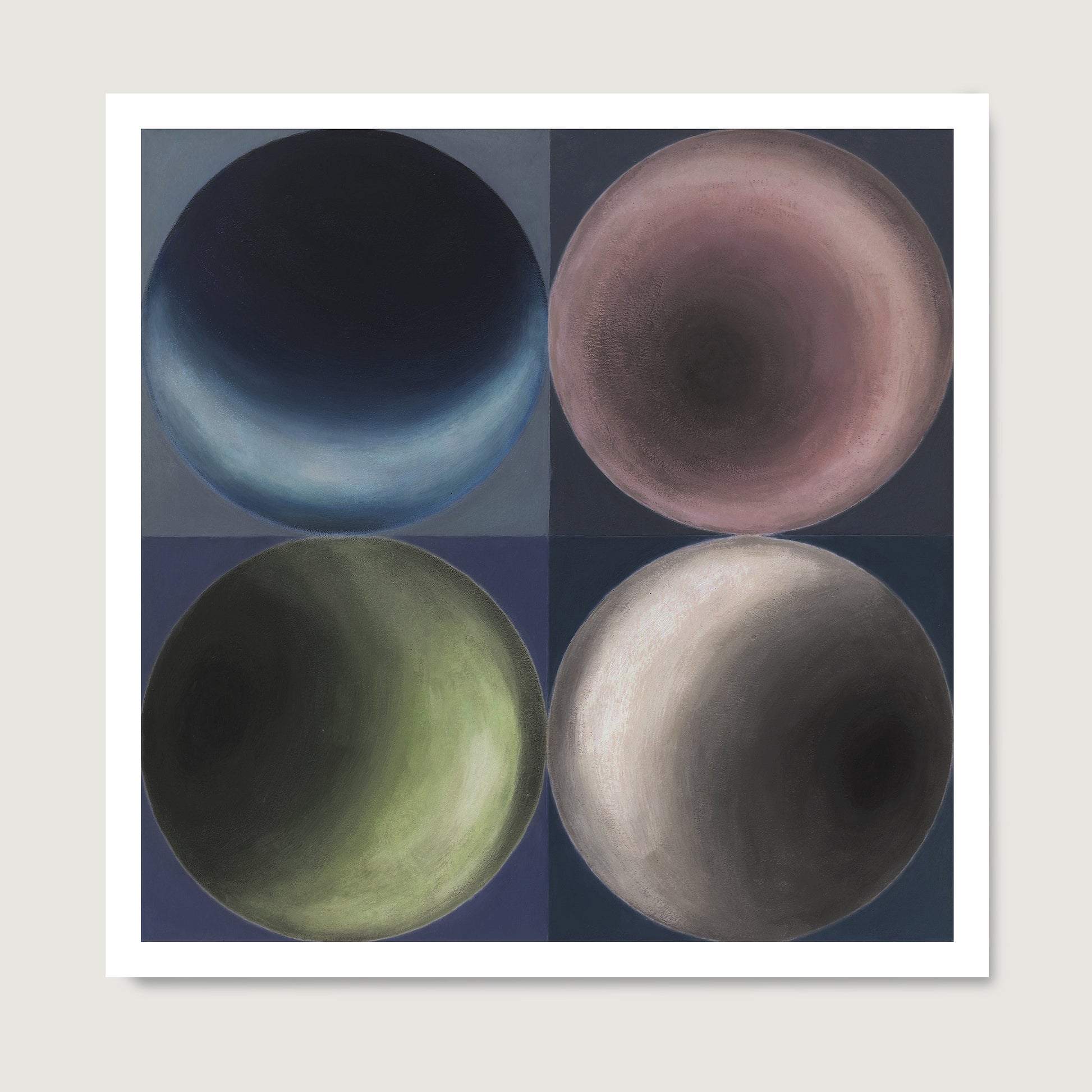 Dark moody geometric art print with spheres on canvas.