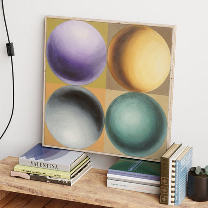 Colorful geometric canvas art print with spheres.