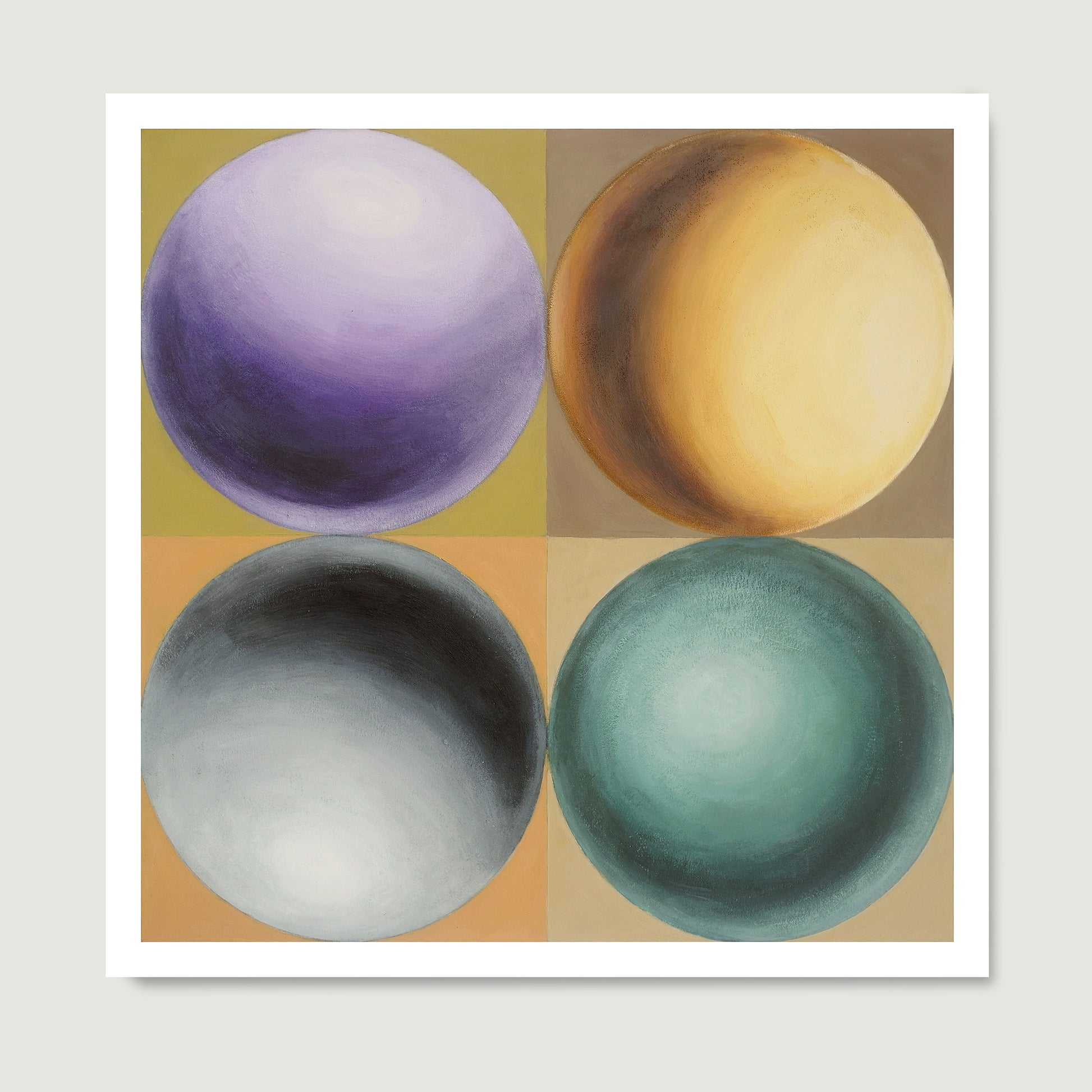 Colorful geometric art print with spheres on paper.