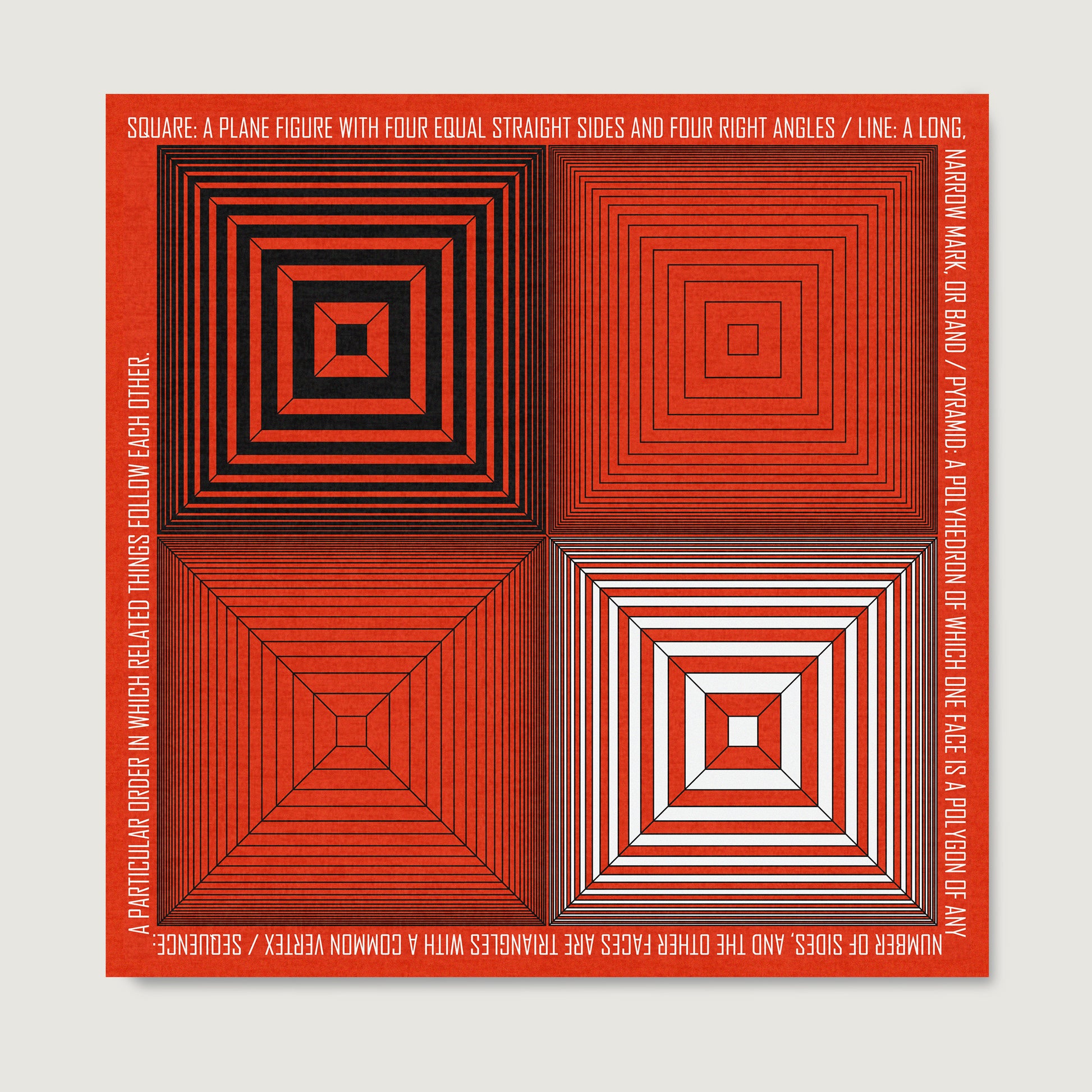 Geometric composition art print on paper, with red, white and black.