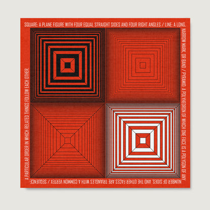 Geometric composition art print on paper, with red, white and black.