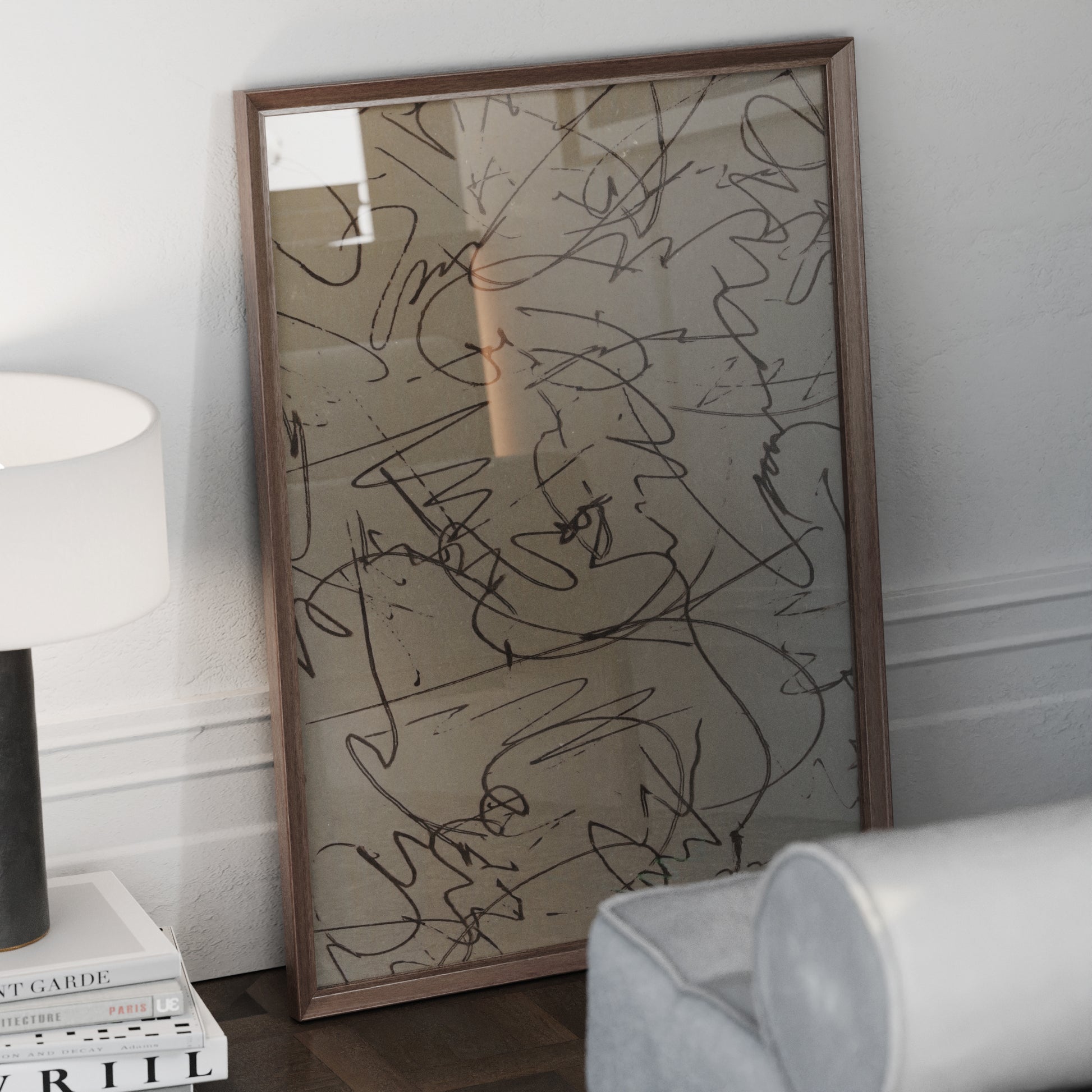 Monochrome abstract contemporary art print in an elegant interior.
