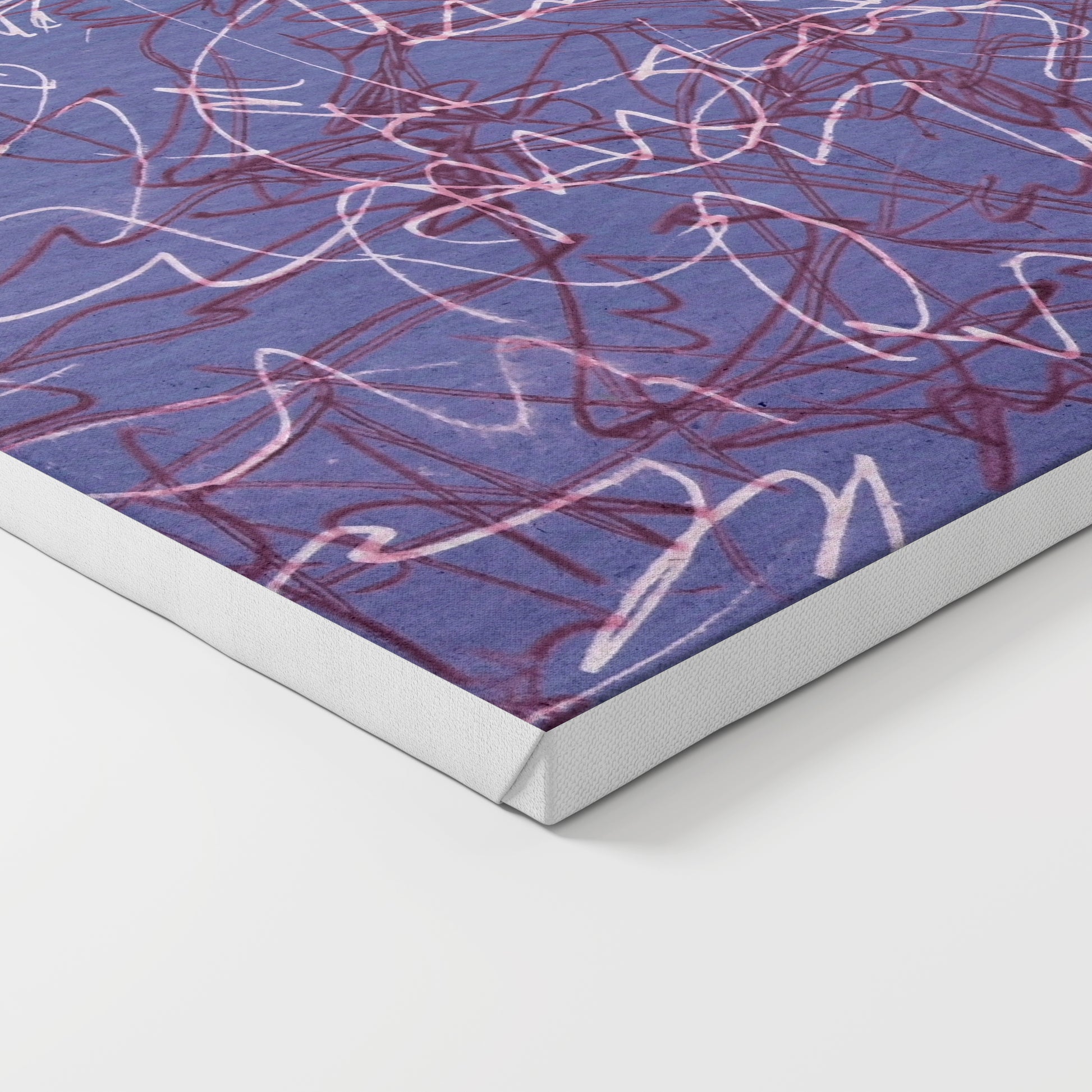 Purple abstract art print with white lines on canvas.