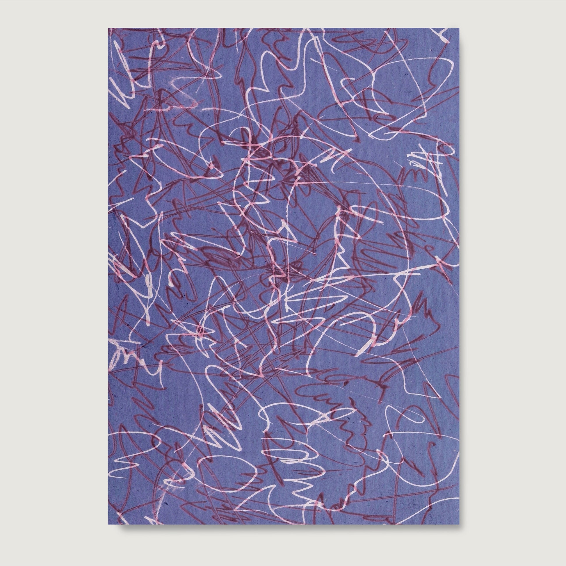 Purple abstract art print with white lines on paper.