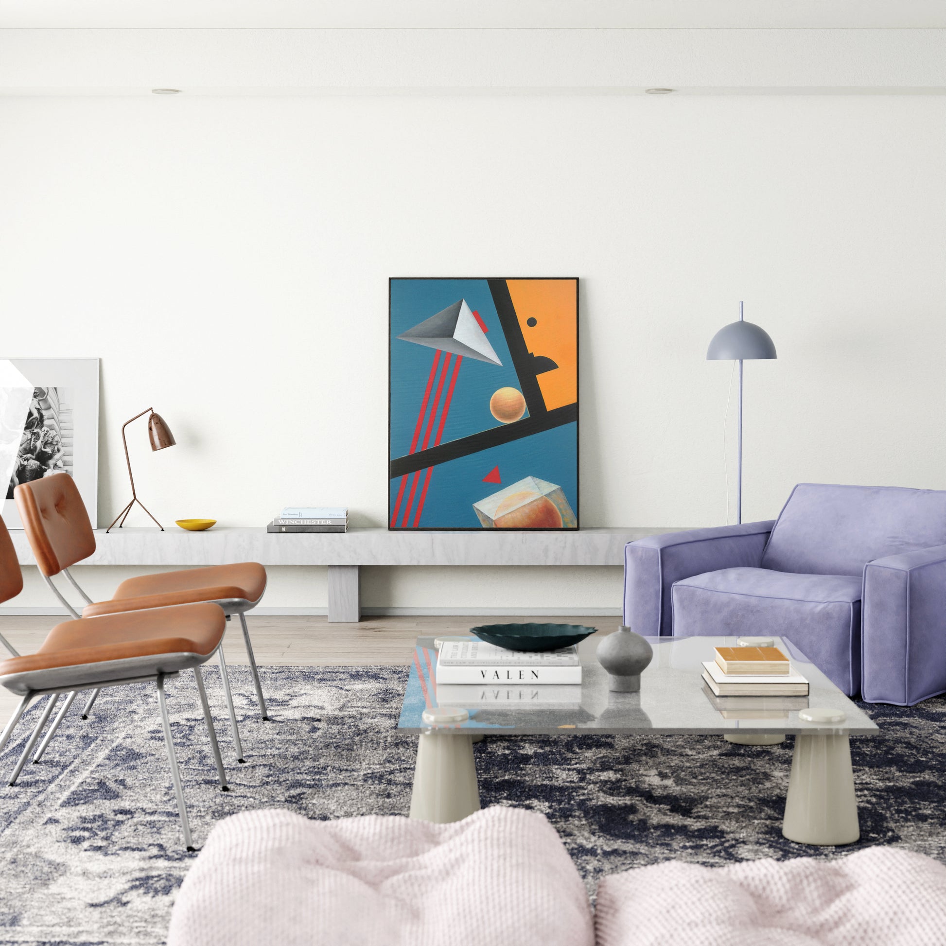 Abstract colorful painting with red, blue and yellow in a modern interior.