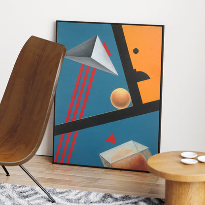 Abstract colorful painting with red, blue and yellow in a bright interior.