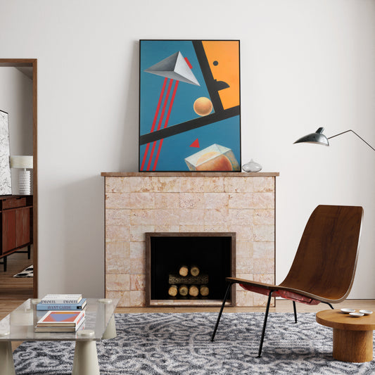 Abstract colorful painting with red, blue and yellow above the fireplace of an eclectic interior.