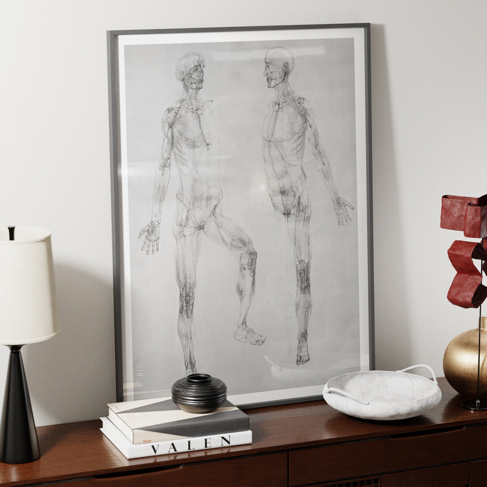 Black and white anatomy art print on a wood sideboard.