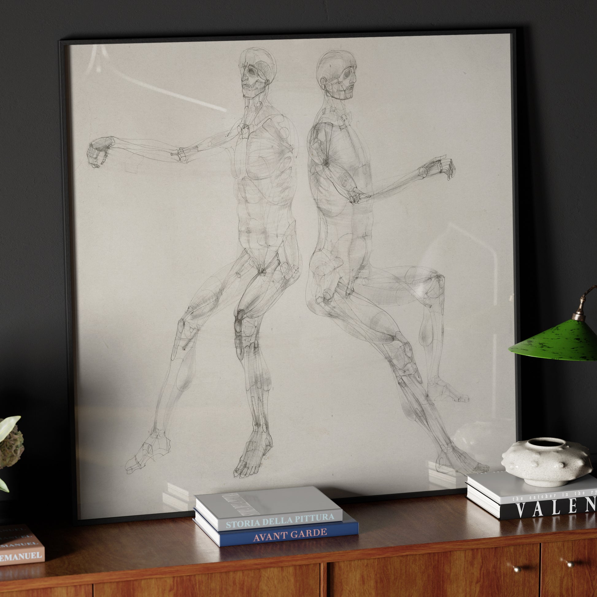 Anatomy art print with two seated figures, in an elegant and dark interior.