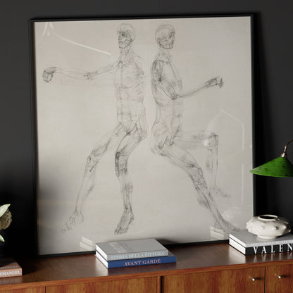Anatomy art print with two seated figures, in an elegant and dark interior.