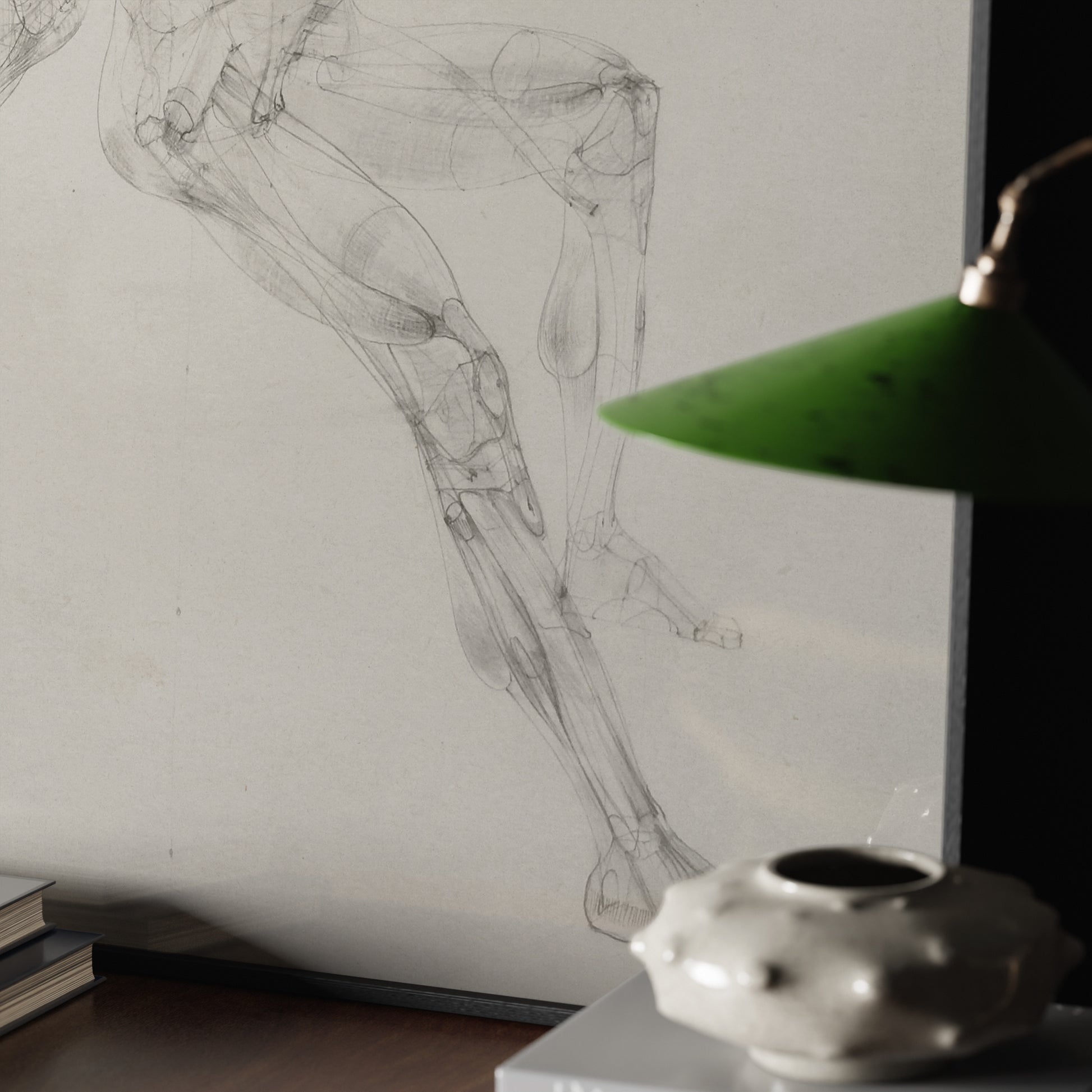 Detail of an anatomy art print with two seated figures, in an elegant and dark interior.