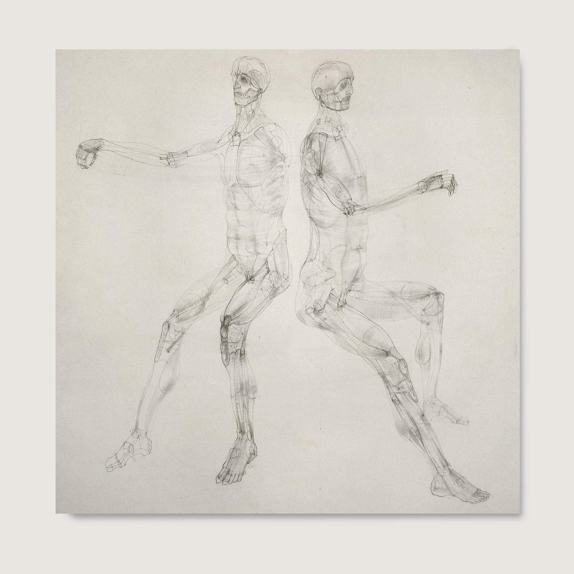 Monochrome anatomy art print on paper with two seated figures.
