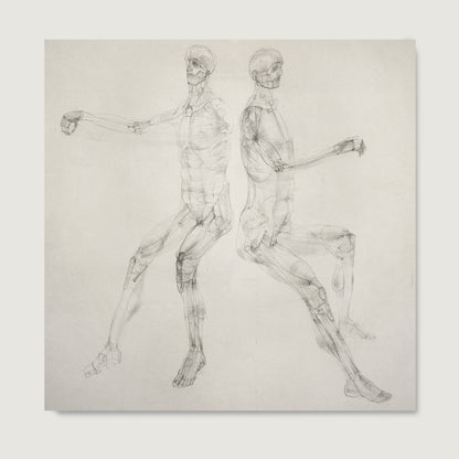 Monochrome anatomy art print on paper with two seated figures.
