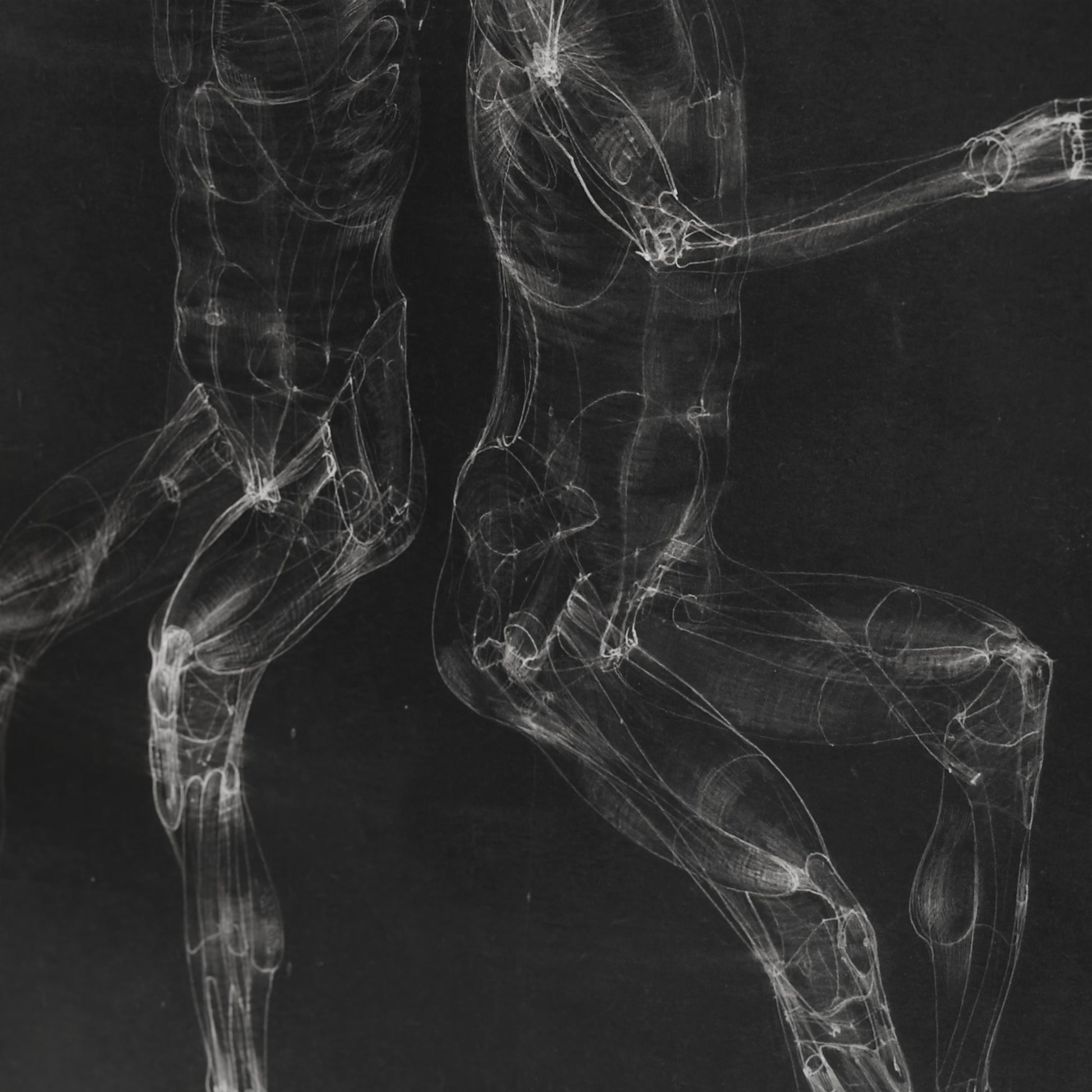 Detail of a black and white anatomy art print with two seated figures.