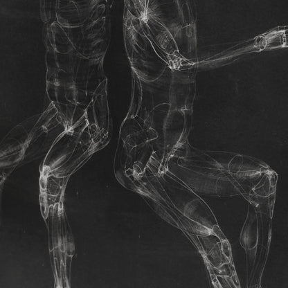 Detail of a black and white anatomy art print with two seated figures.