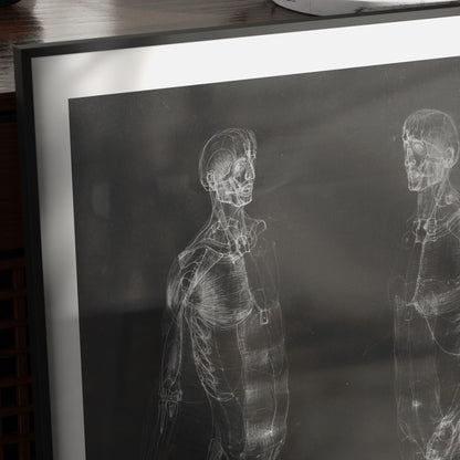 Detail of a black and white human body anatomy art print.