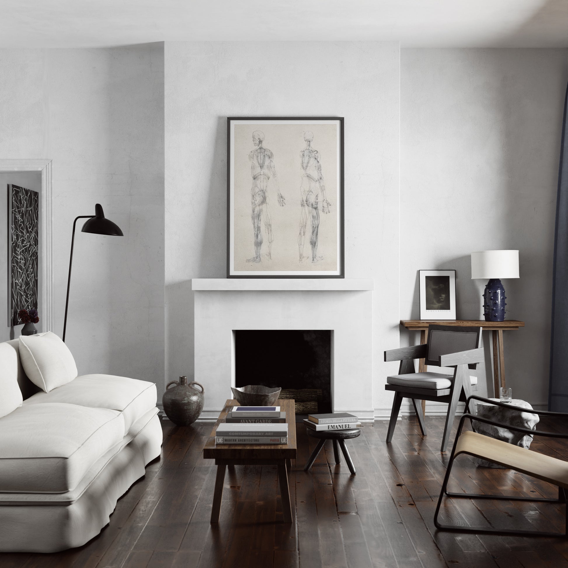 Monochrome human body anatomy art print with two standing figures, in a modern and cozy interior.