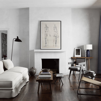 Monochrome human body anatomy art print with two standing figures, in a modern and cozy interior.