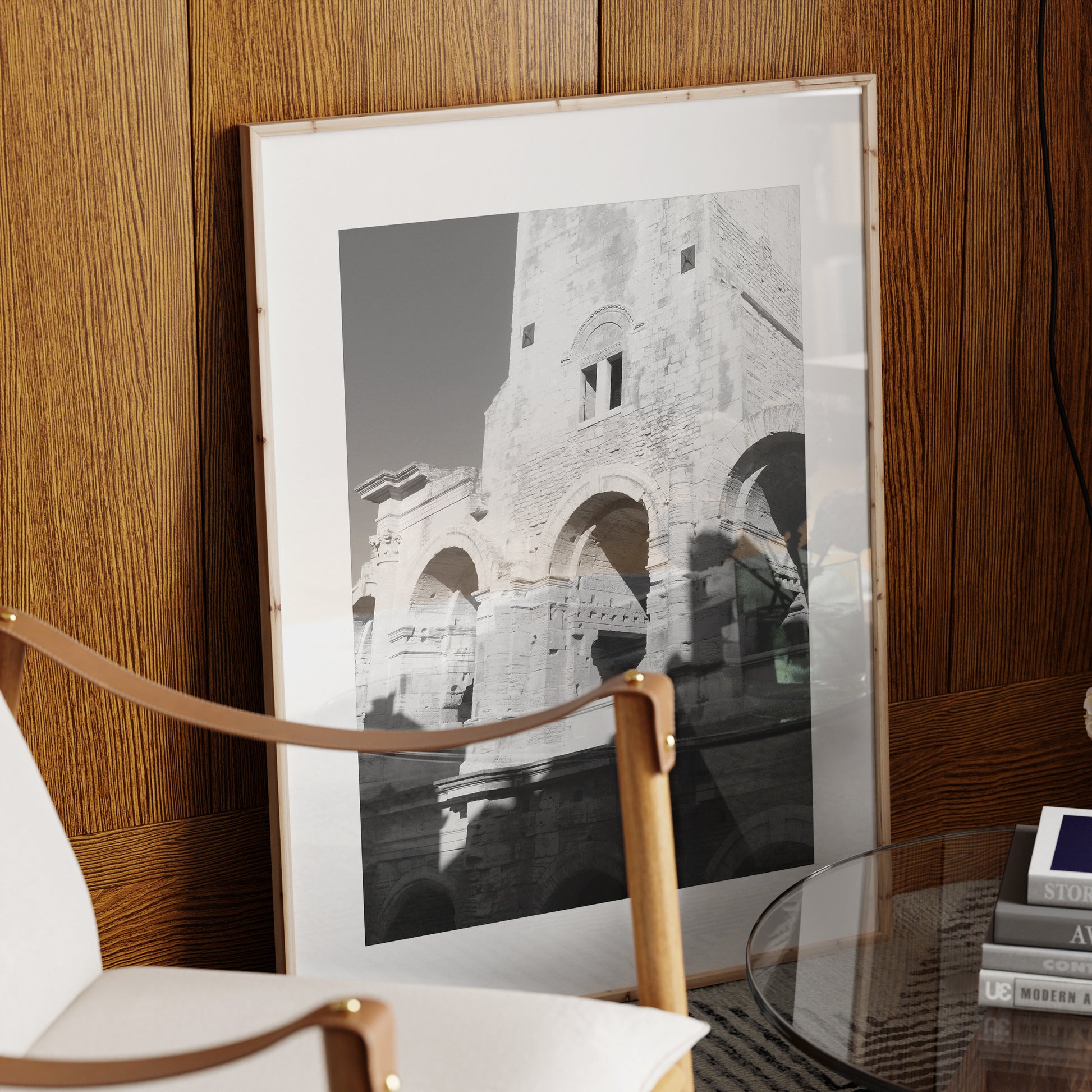 Black and white photography art print that depicts ancient architecture, in an elegant space.