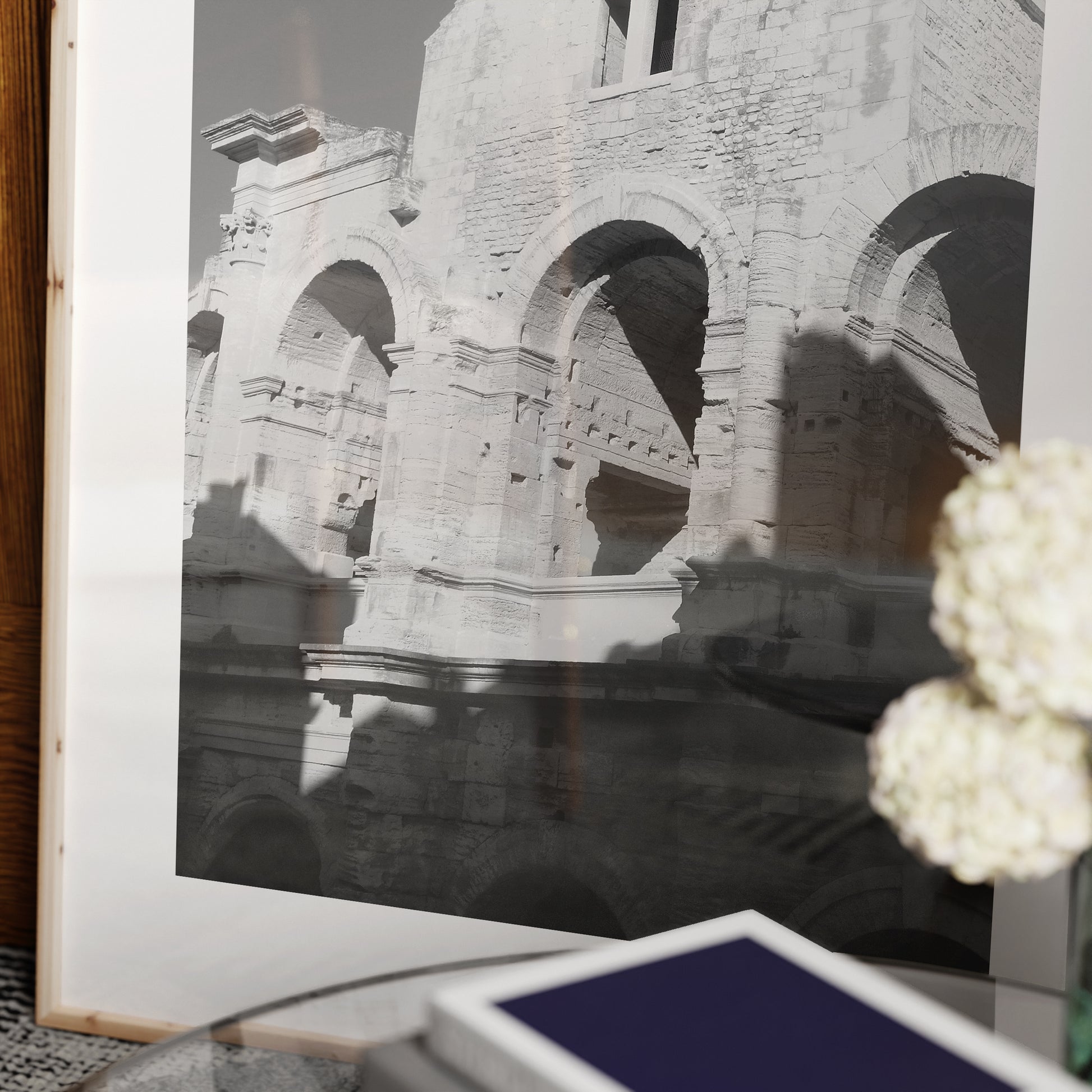 Detail of a black and white photography art print that depicts ancient architecture.