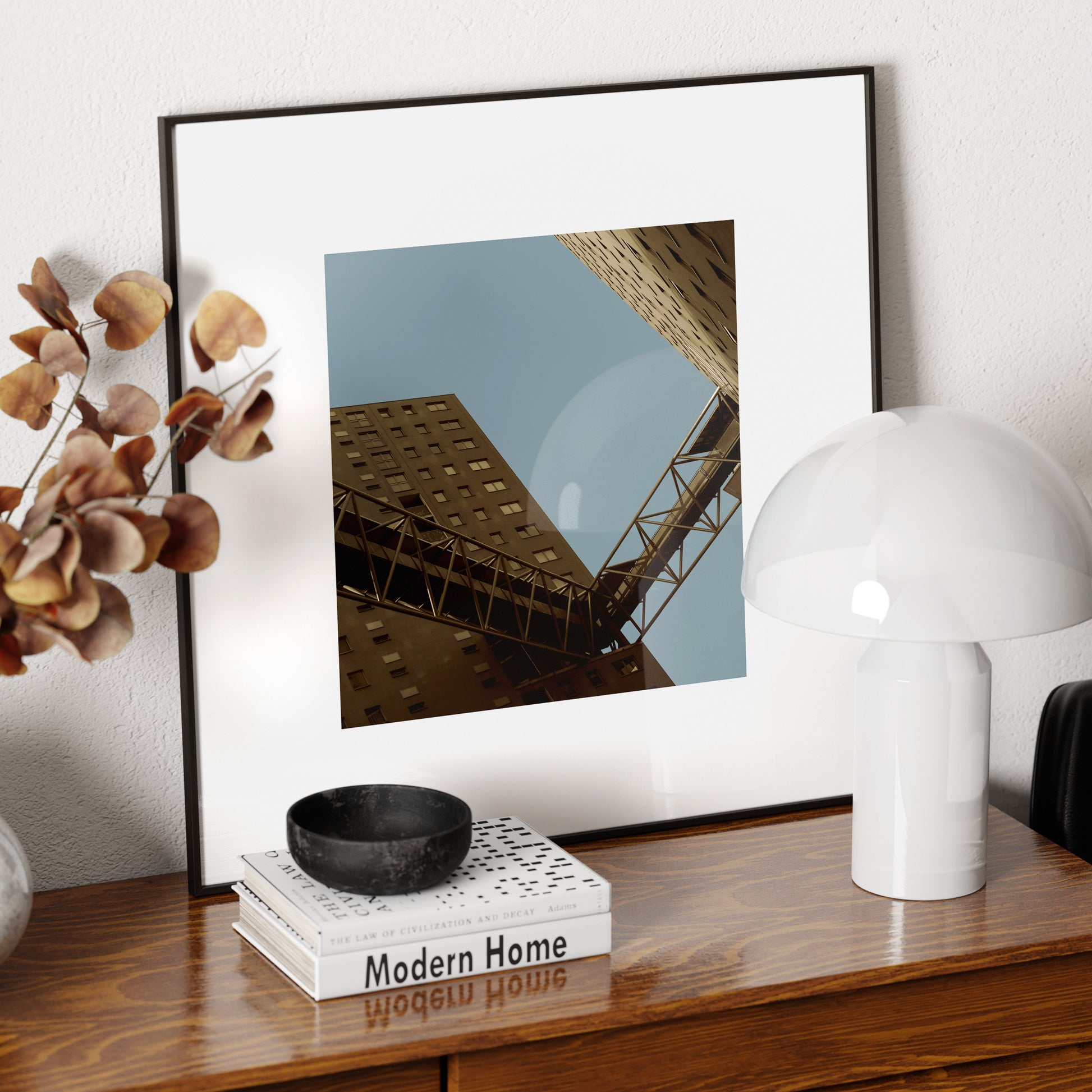 Urban photography print on a sideboard.
