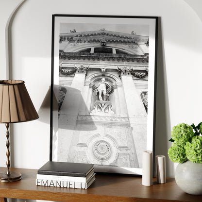 Black and white photography art print of a church facade in baroque style.