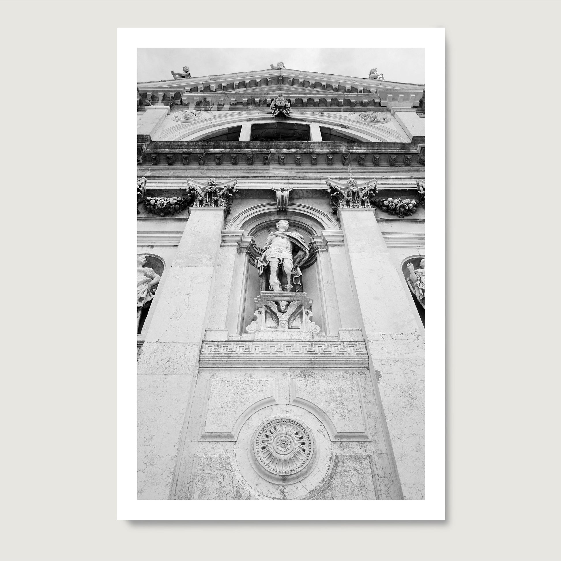 Black and white photography art print of a church facade in Venice.