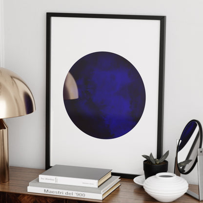 Blue planet minimalist graphic art print on a sideboard.