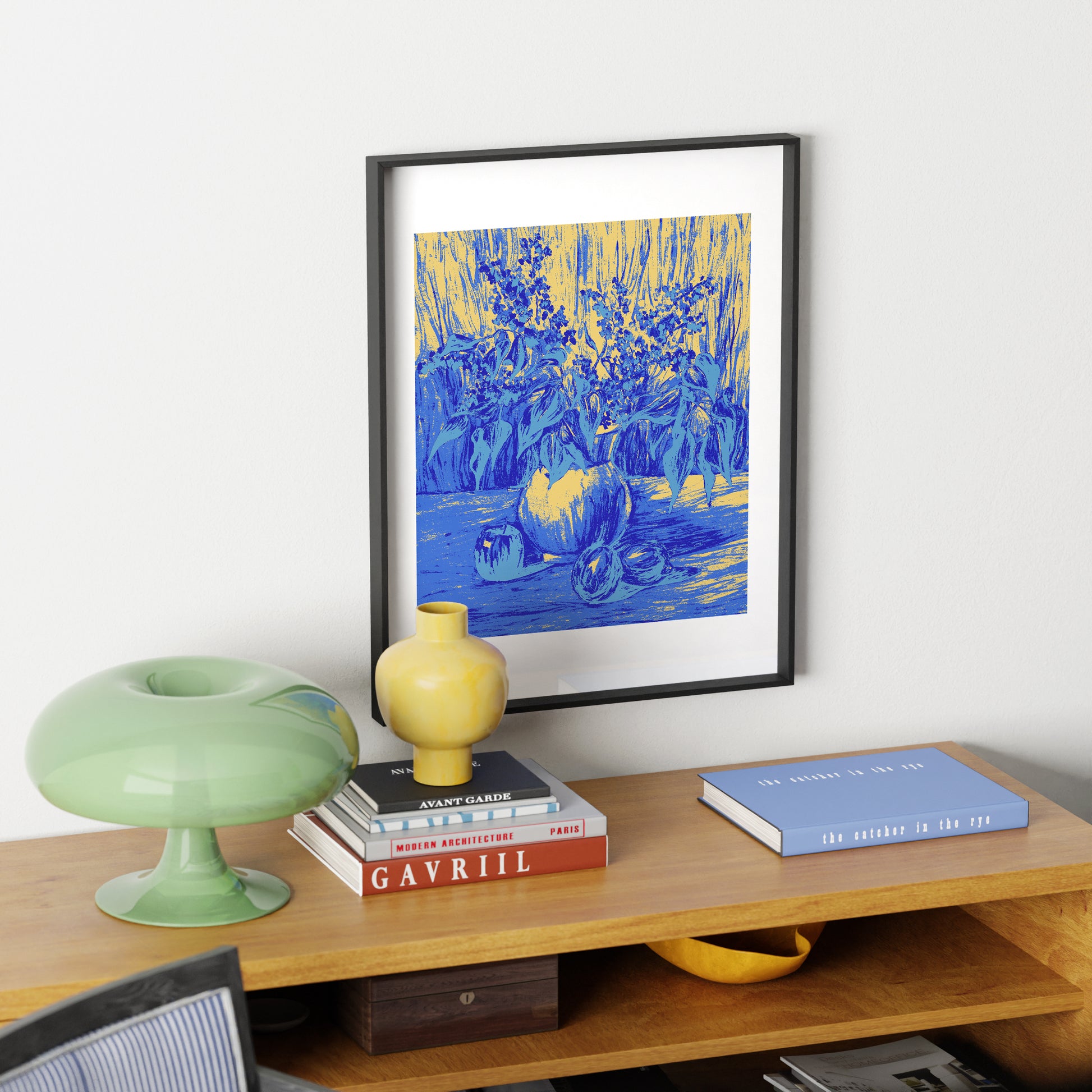 Still life with flowers with blue and yellow colors graphic art print in a colorful interior.